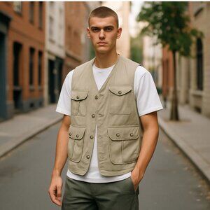 Willis & Geiger Outfitters Vintage Men's Tan Bush Safari Hunting Vest Sz L